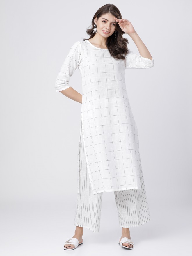 Vishudh Women Off White Checked Kurta Sets 